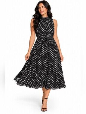 Maggy London Black/White Polka Dot Midi Dress Sleeveless Cottagecore Preppy US 0